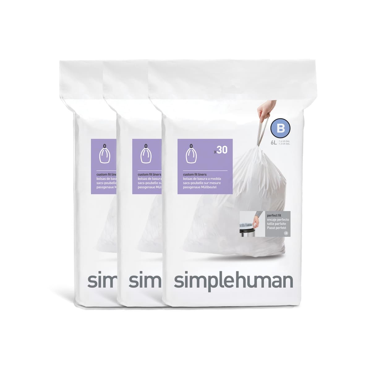 simplehuman CW0408 3 x paquete de 20 bolsas de basura a medida (60 bolsas), código V, plástico blanco — view 32