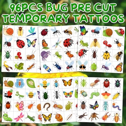 Bug Temporary Tattoos for Kids - 96 PCS Pre Cut Cute Insect Temporary Tattoo Stickers for Boys Girls, Ladybug Butterfly Bee Spider Birthday Party Decorations Favors Supplies Goodie Bag Fillers Gifts — view 2