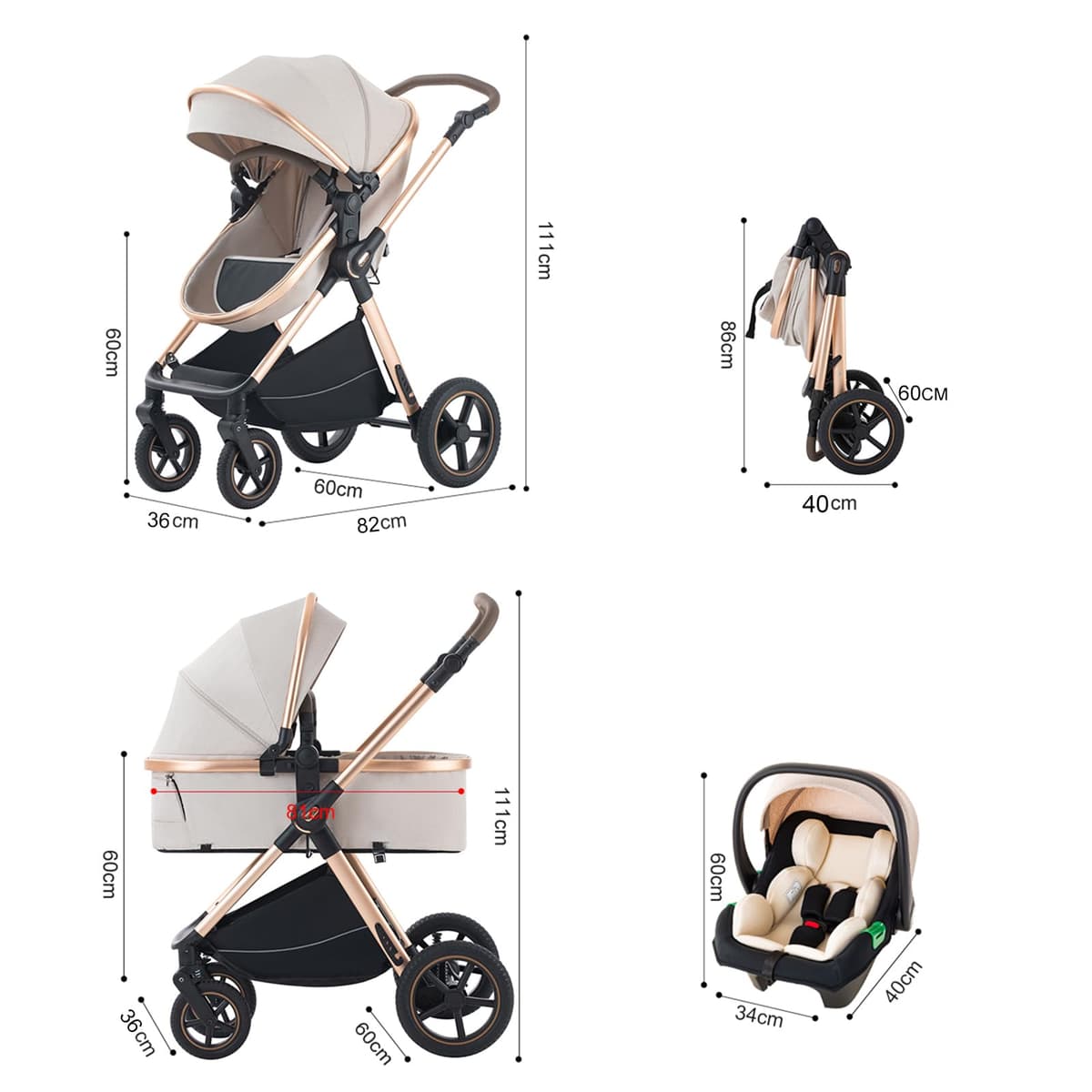 3 in 1 Baby Stroller with Height Adjustable Handle,3 in 1 Prams Travel System, Lightweight Foldable Pushchair, Prams with Aluminum Frame for Portable Baby Carriage (D2 Pink, H2-D) — view 8