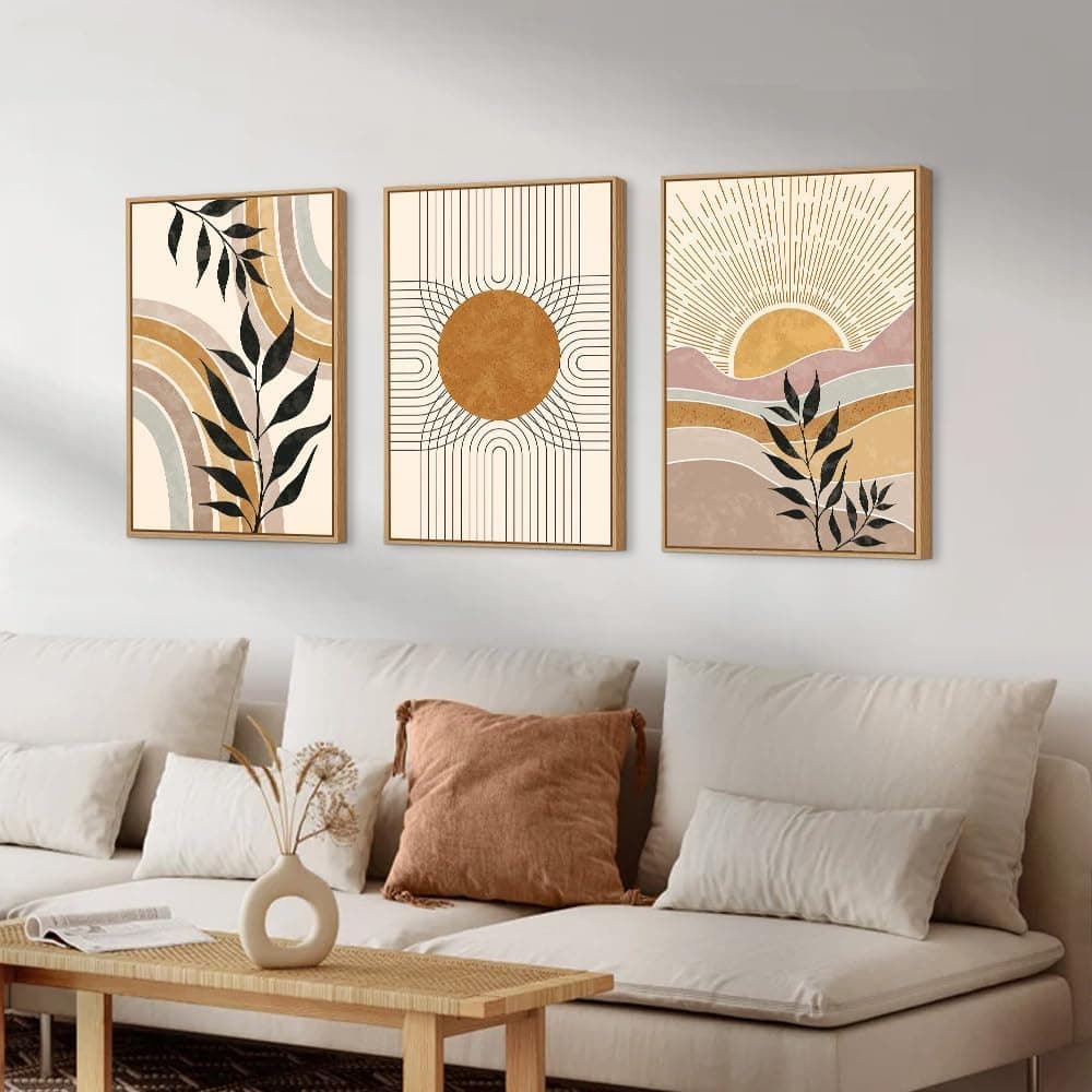TOARTi Boho Framed Canvas Wall Art Prints, Set of 3 Mid Century Modern Wall Decor, Nature Plants Desert Sun Art Paintings, Bohemian Artwork for Living Room, Bedroom, Dining Room, Office - 12x16 x3 — view 2