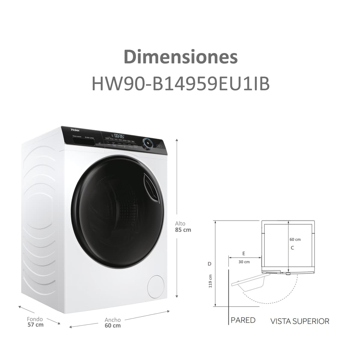Haier I-Pro Series 5 HW90-B14959EU1IB- Lavadora Carga Frontal 9KG, Función Vapor, Motor Direct Motion, Tratamiento Antibacterias, 1400 RPM, Fin Diferido, Detector Automático de KG, 12 Programas,Blanco — view 2