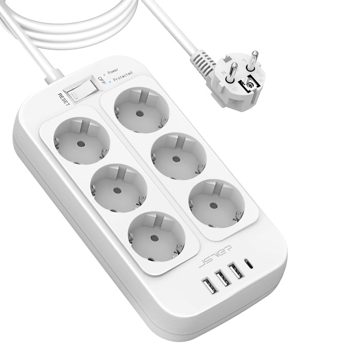 JSVER Regleta Enchufes USB, Proteccion Sobretension con 8 Toma de Corriente y 4 Puertos(5V3,4A) Estación de Carga Inteligente Tomas Alargadora con Cable 1.8m-Negro — view 10