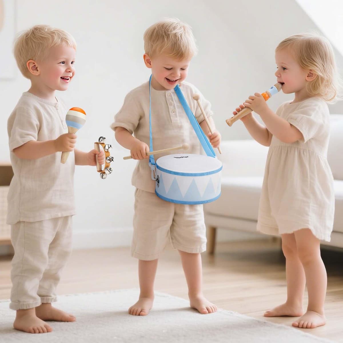 Instrumentos Musicales Bebe - Tambor Infantil 6 en 1, Juguete de Madera con Trompeta, Tambor para Niños, Juguete Montessori para Bebés - Regalo para Niños y Niñas de 2, 3, 4 Años — view 3