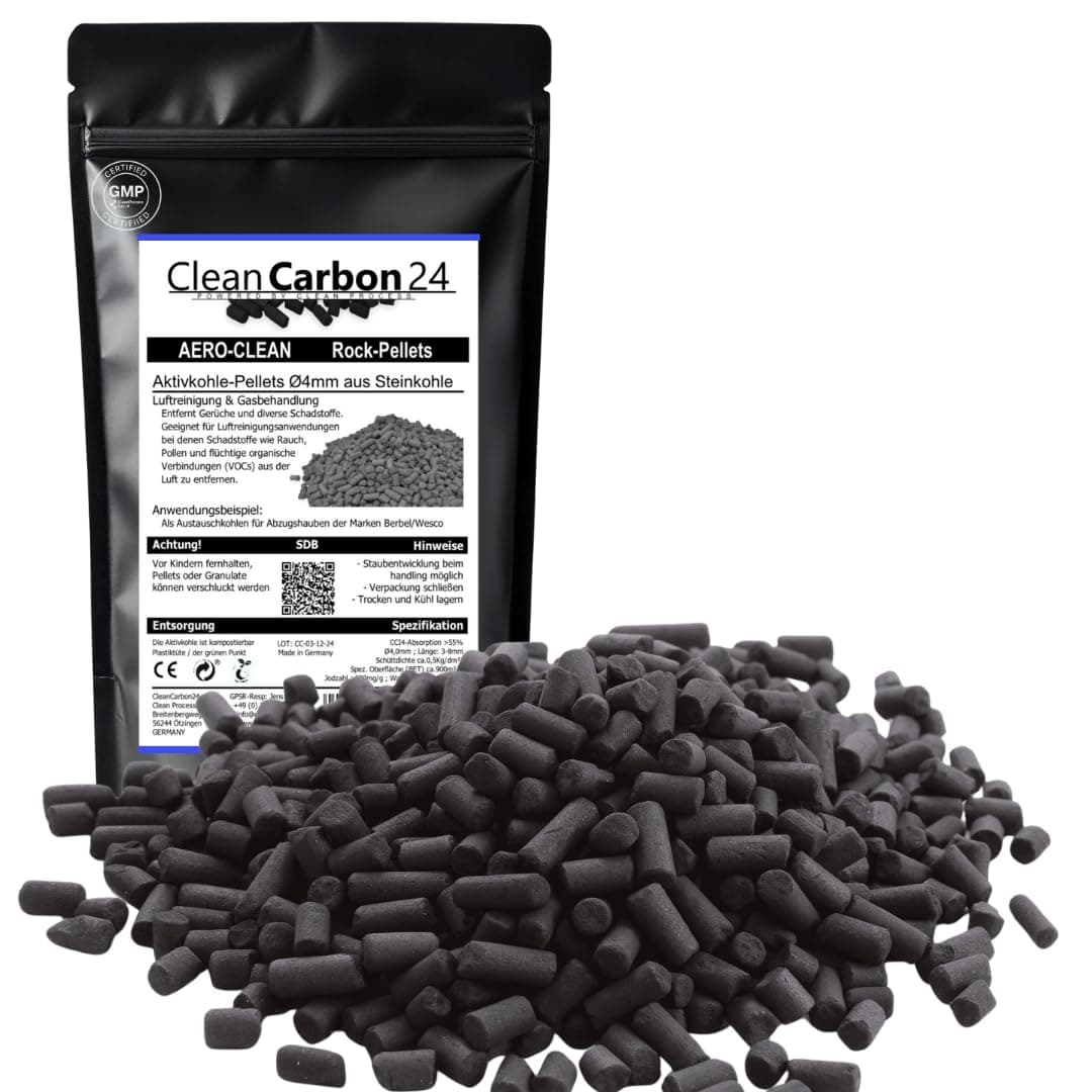 CleanCarbon24® 10 litros pellets de carbón activado de 4 mm; Repuesto técnico para filtros de aire y humo; Adsorción física sin químicos; Ideal para mejorar la calidad del aire interior; desempolvado