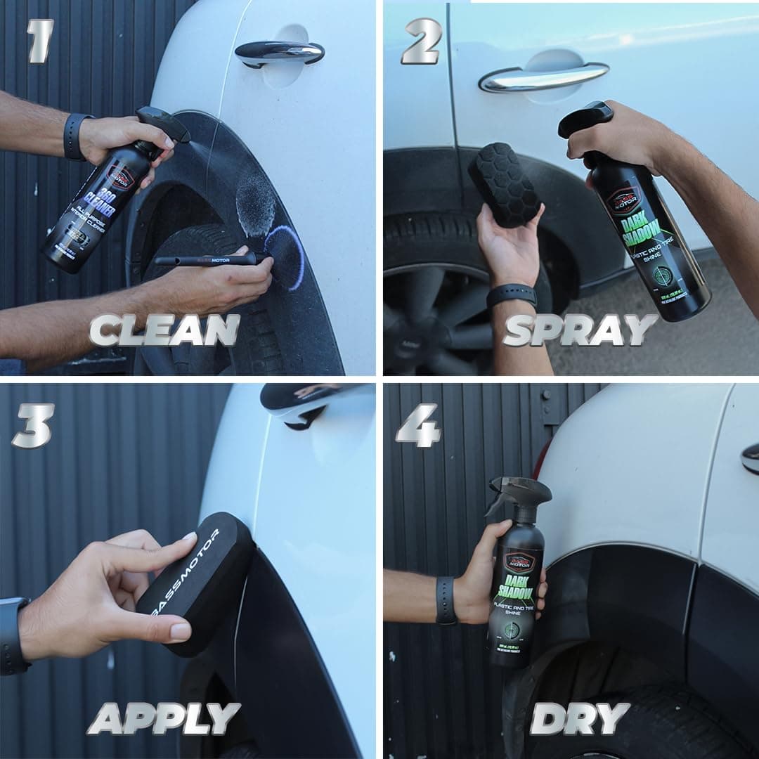 BassMotor Abrillantador de Plástico y Neumáticos Coche Moto Restaurador Gomas Viejas Recupera Brillo Interior y Exterior para Abrillantado en Casa - Dark Shadow 500ml + Esponja Premium — view 3