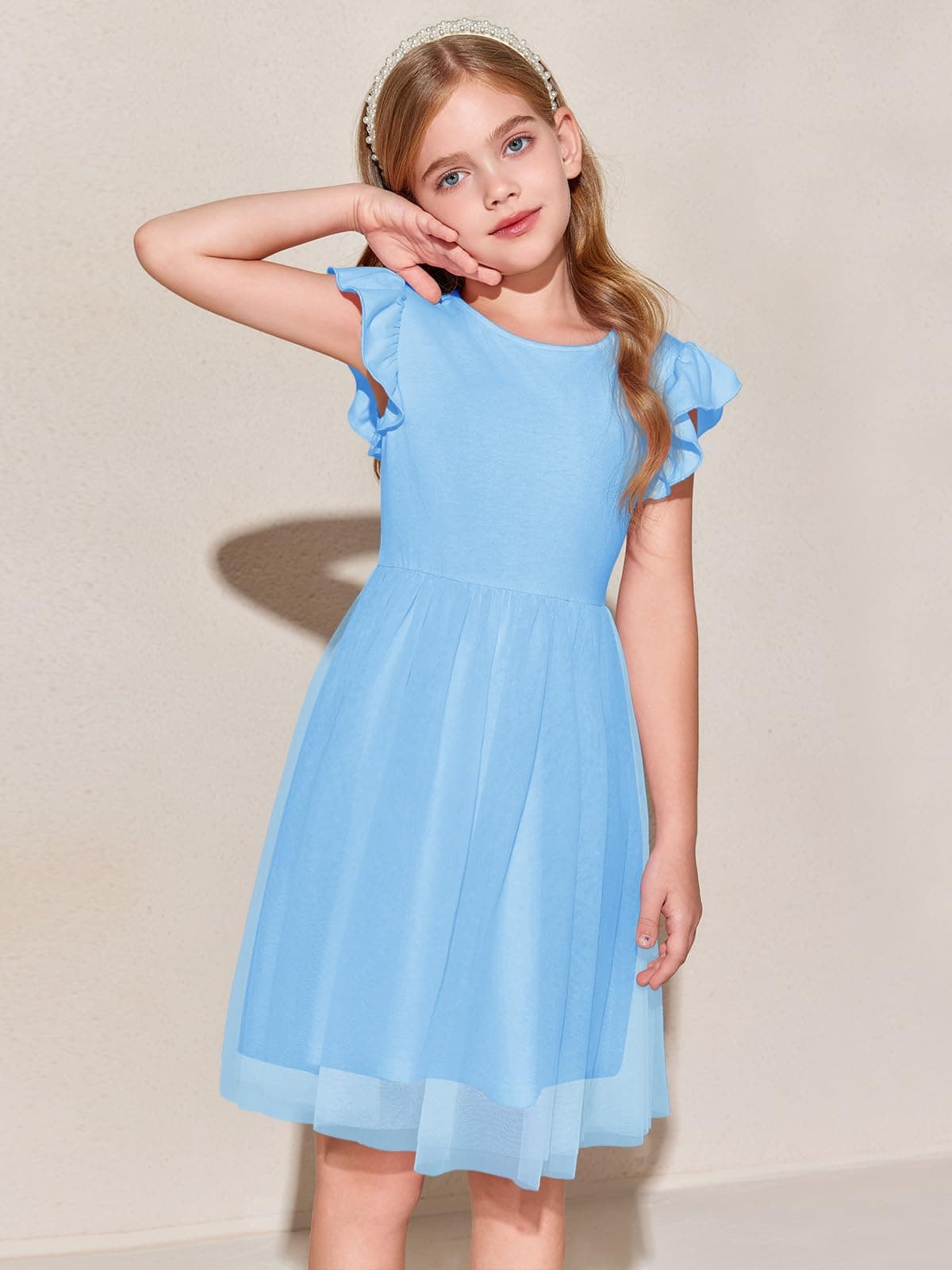 Haloumoning Vestido de niña con mangas con volantes, cuello redondo, monocolor, vestido de verano, línea A, vestido de princesa de tul, festivo, cumpleaños, boda, fiesta, vestido informal — view 4
