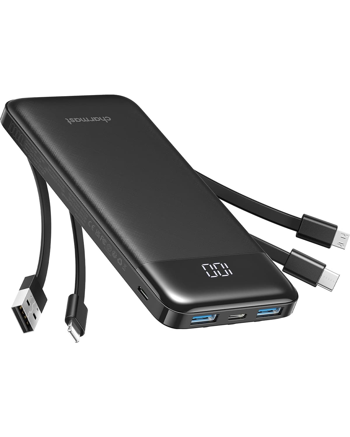 Charmast Power Bank with Built in Cables X 4, 10000mAh USB C Battery pack 6 Outputs 3 Inputs with LED Display Type C Powerbank Portable Charger Compatible with Smartphones Tablets and More — view 15