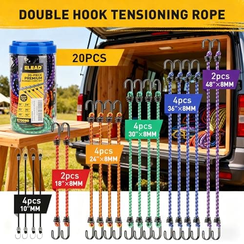 Bungee Cords Heavy Duty Outdoor: 20 Pcs Premium Rubber Bungee Cords with Hooks in a Storage Jar Includes 10", 18", 24", 30", 36", 48" Bungee Cord for Camping, Tent, Fastening Items