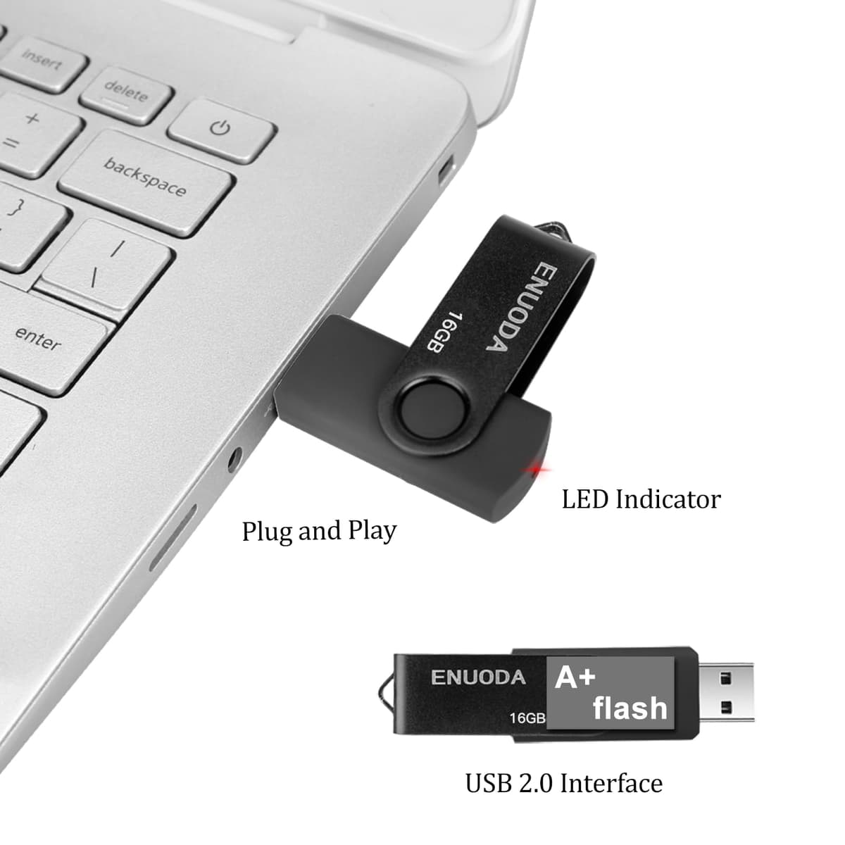 ENUODA 16GB USB Stick 1 Pack Memory Stick USB 2.0 Flash Drives Swivel Design Pen Drive for Data Storage Thumb Drive with LED Light (Black) — view 4