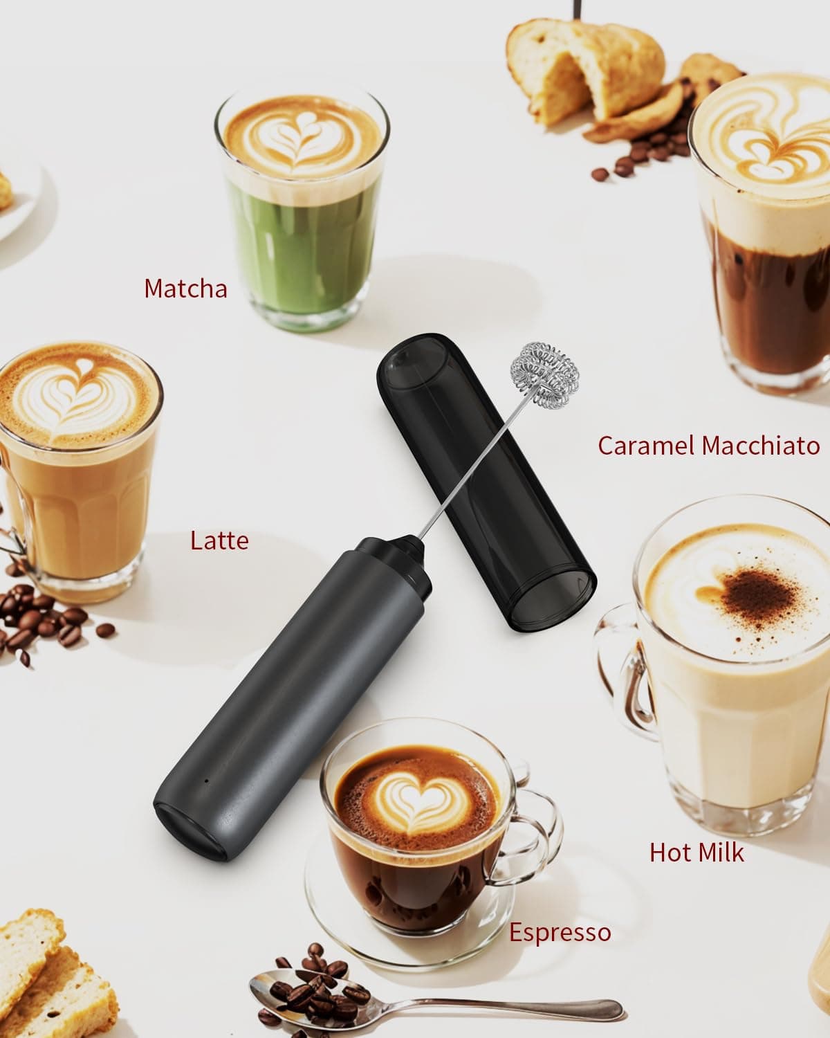 CIRCLE JOY Electric Milk Frother Handheld, Rechargeable Coffee Frother with Dual Spring Whisk, Portable Hand Frother Wand Drink Mixer for Coffee, Hot Chocolate, Cappuccino, Frappe, Matcha, Black — view 6