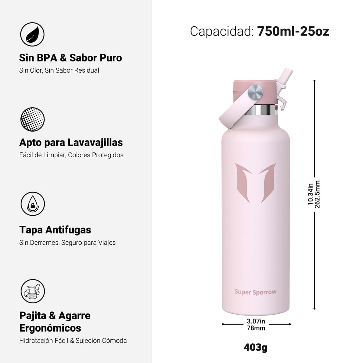 Super Sparrow Botella Agua Acero Inoxidable - Botella Termica - 350ml, 500ml, 750ml, 1L, 1.2L - Termo Sin BPA, Botella Agua Niños, para Deporte, Viaje, Escuela, Exterior, Oficina, Hogar — view 3