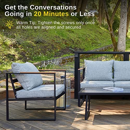 EAST OAK Courtyard Patio Furniture Set, 4-Piece Outdoor Patio Set with Sofa, Removable & Washable Deep Seating Cushion, Tempered Glass Table, Outside Patio Conversation Sets, Black & Grey — view 4