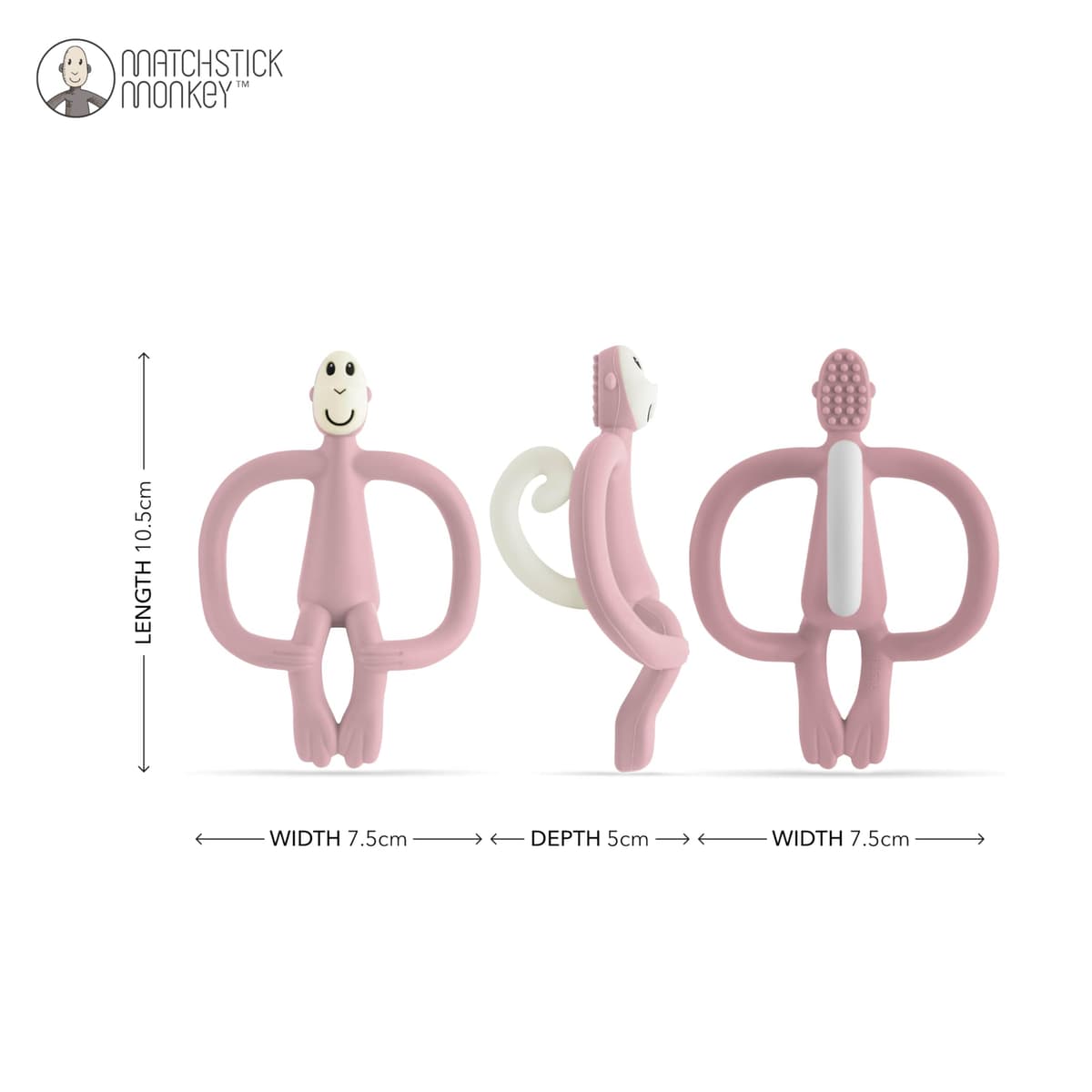 Matchstick Monkey, Original Teether & Gel Applicator, Antimicrobial Silicone Teething Toys for Baby, Easy to Grip, BPA Free, 3 Months Old+, 10.5 cm, Dusty Pink Monkey — view 2