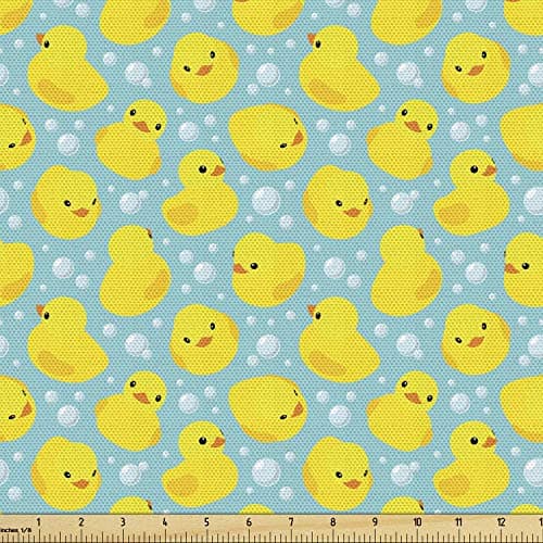Lunarable Cartoon Fabric by The Yard, Happy Rubber Duck and Bubbles Pattern Theme Art, Decorative Fabric for Upholstery and Home Accents, 3 Yards, Yellow Aqua
