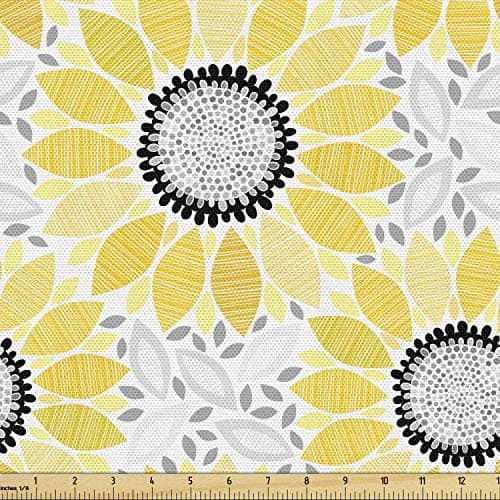 Lunarable Sunflower Fabric by The Yard, Abstract Shapes Floral Pattern Stripe Petals Summer Blossom Illustration, Decorative Fabric for Upholstery and Home Accents, 1 Yard, Yellow Black