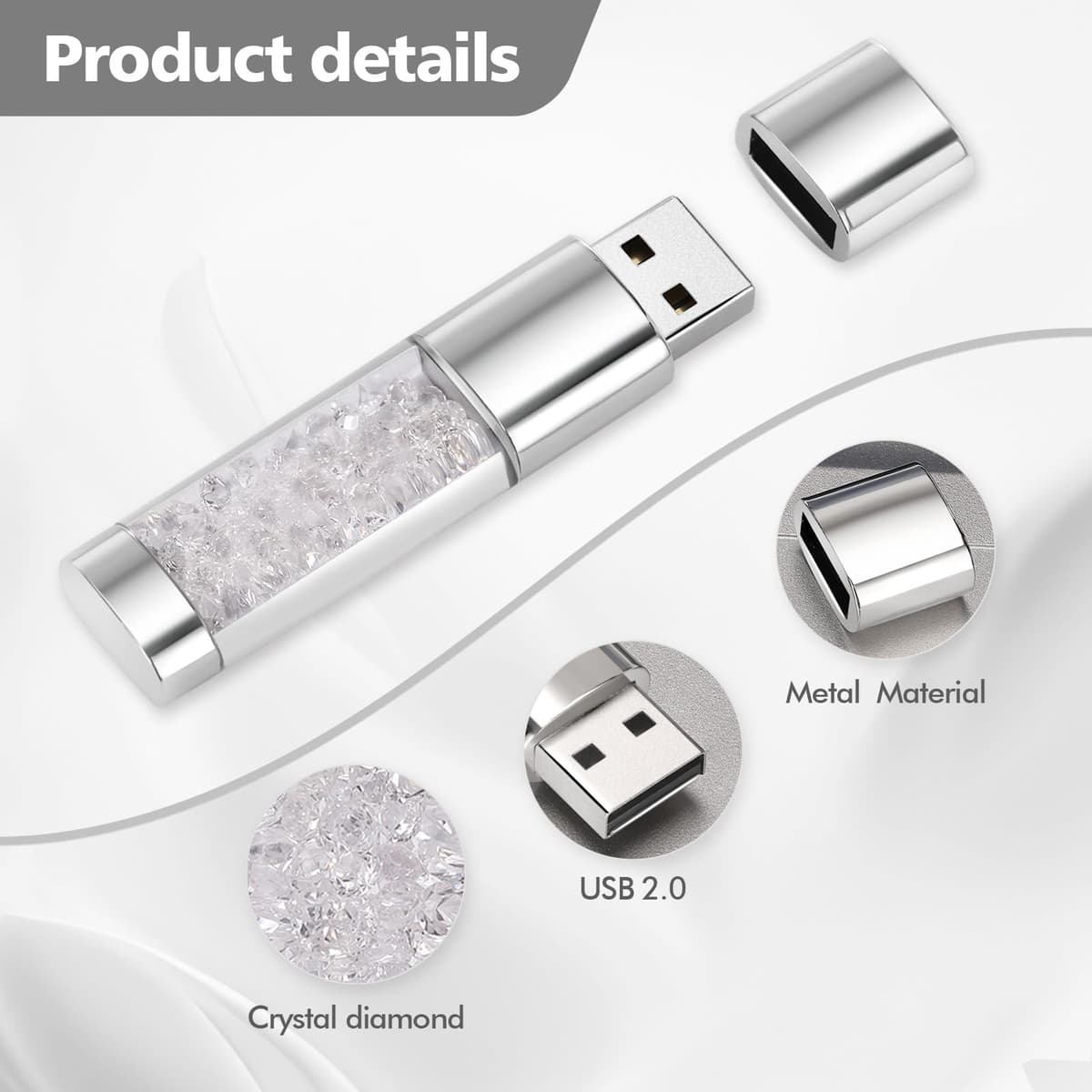 USB 2.0 Flash Drive,Loving Crystal USB Memory Stick,Jewelry Thumb Drive for Photos, Music, Files Storage (White, 16, GB) — view 2