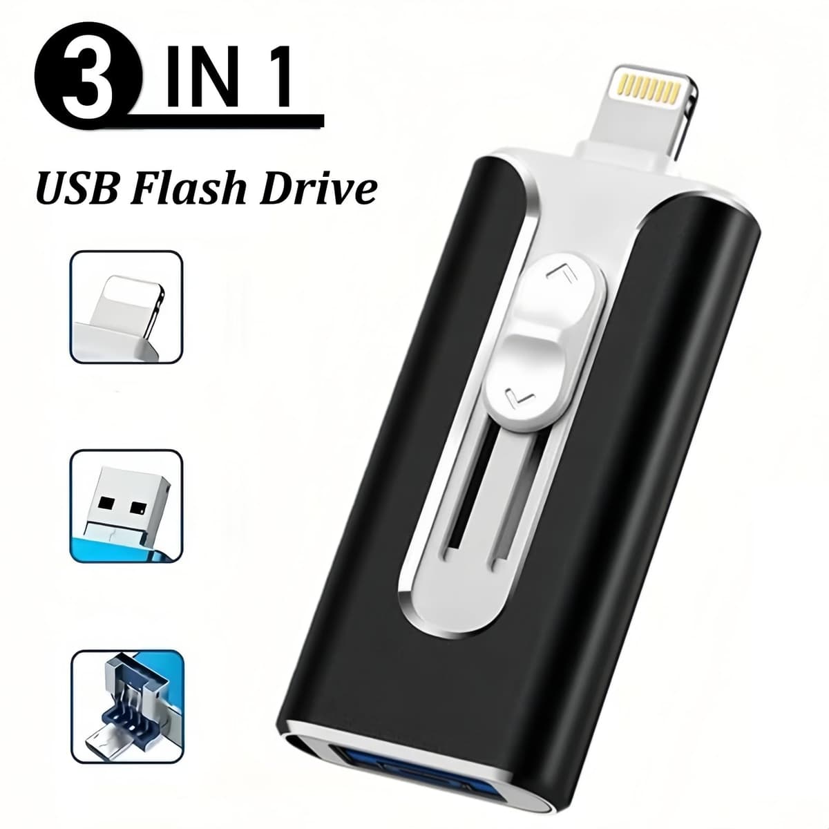3-in-1 Flash Drive, 64GB Large Capacity Memory Stick Compatible with iOS/Android/PC, USB Flash Drive for Mobile Phones and Computers, High-Speed Memory Stick for External Data Storage (Black) — view 2