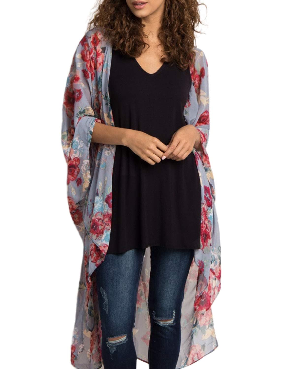 MayBuy Women's Summer Long Flowy Kimono Cardigans Boho Chiffon Floral Beach Cover Up Tops — view 37
