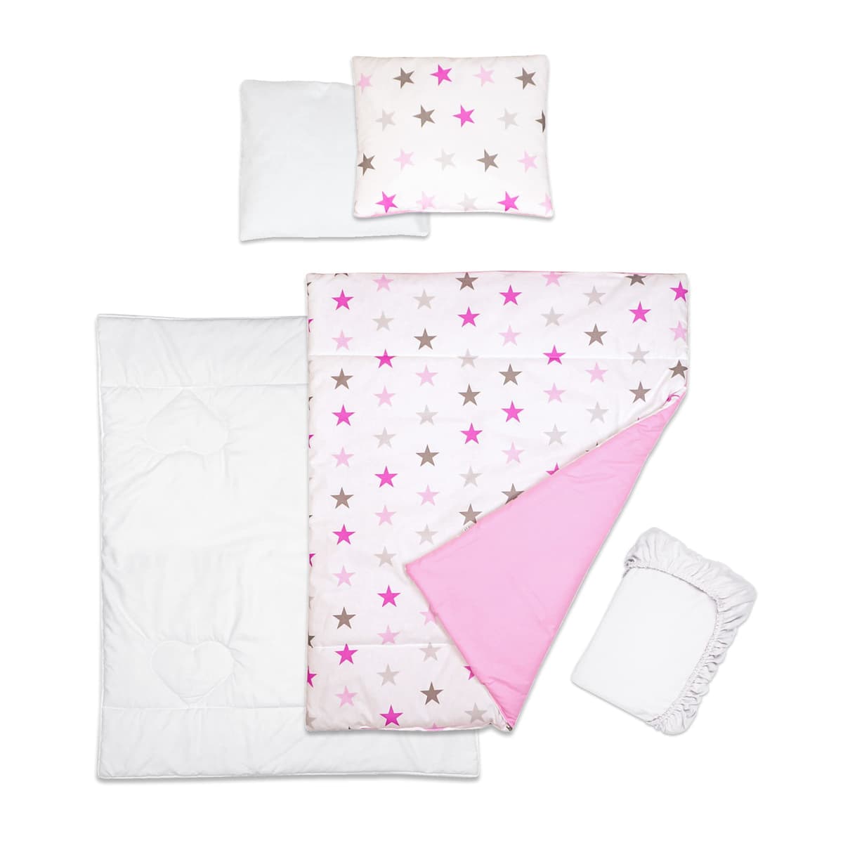 Baby Comfort 5 Piece Toddler Bedding Duvet Pillow with Covers & Jersey Sheet fits 90x40cm Crib 12M+ (Pink Stars)