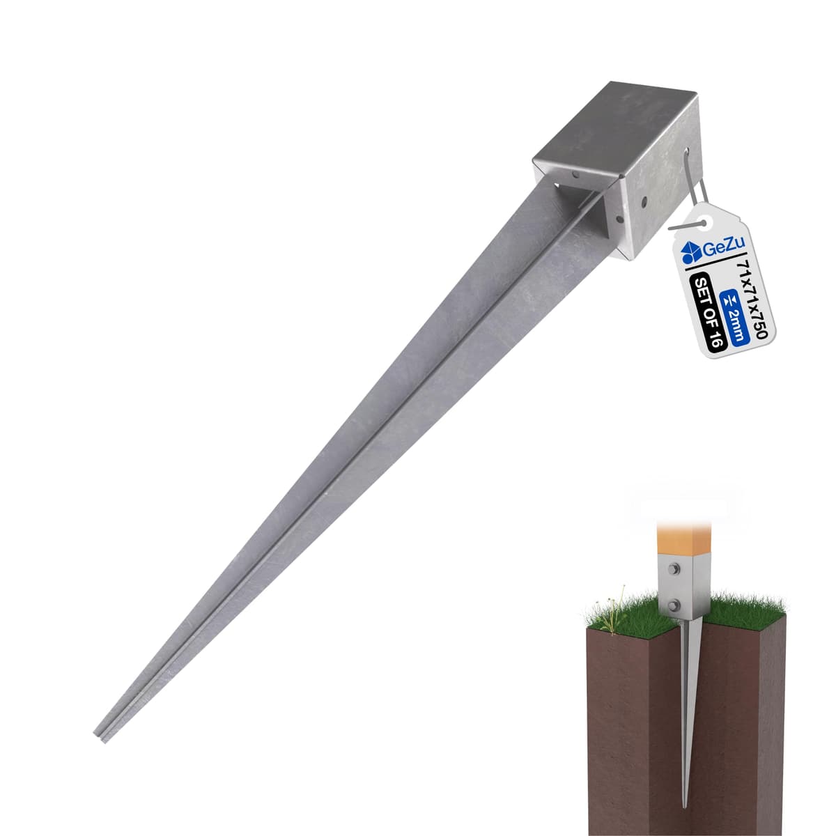 GeZu Impex Post Support 71 x 71 x 750 mm Hot Dip Galvanised Set of 16 fence Holder Anchor spike ground sleeve