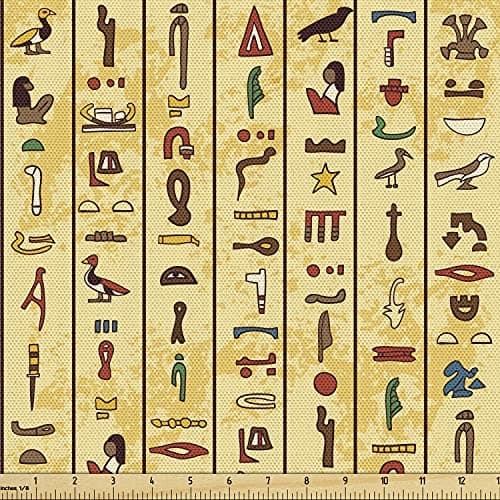 Ambesonne Egyptian Print Fabric by The Yard, Colorful Hieroglyphics on Papyrus Old Paper Style Background Cairo Culture, Decorative Fabric for Upholstery and Home Accents, 1 Yard, Beige