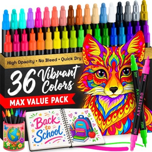 ARTISTRO 36 Precision Dual-Tip Acrylic Paint Markers – Paint Pens Set with Dot & Fine Tips for Fabric, Rock, Glass, Wood, Coloring Books – Arts & Crafts Gift – Classroom Must Haves & School Supplies