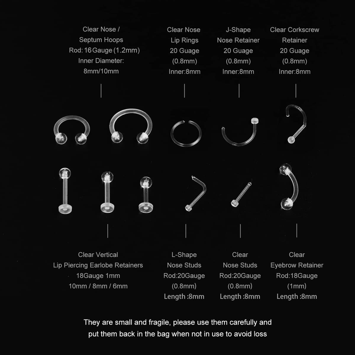 MixPiercing 48Pz Retenedores de Piercing Transparente Nariz Plástico Lengua Pezón Arete Labio Labret Aros De Ceja Cartílago Pulpa Trago Retenedor De Oreja Cirugía Para Quirofano Trabajo — view 5