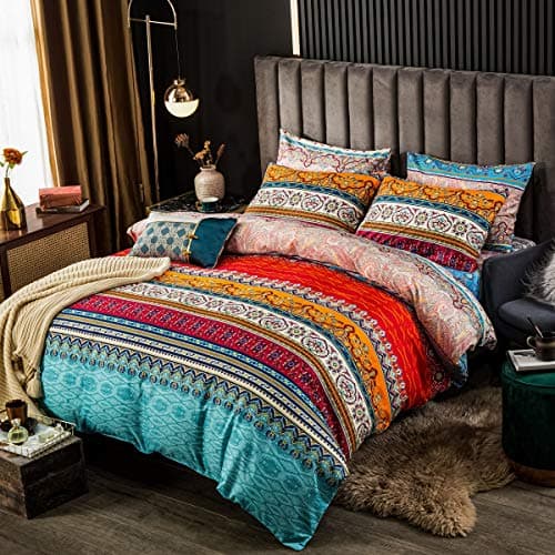 Bohemian Duvet Cover Set Full Colorful Floral Boho Striped Bedding Set Ultra Soft Microfiber Double Duvet Cover Southwestern Indian Tribal Reversible Bedding Exotic Style Decor Boho Comforter Cover