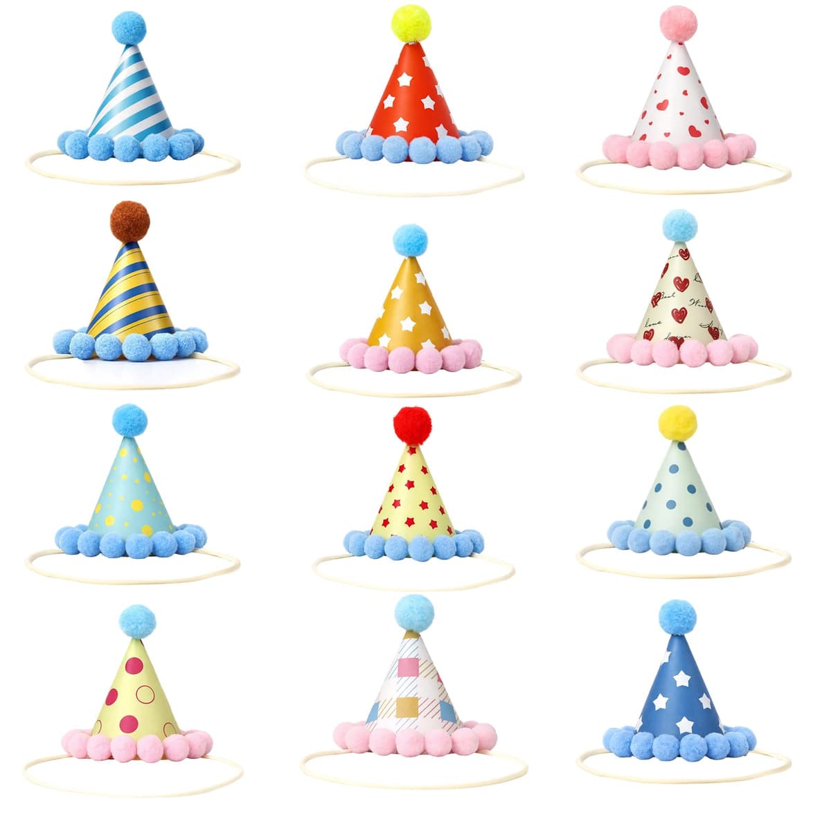 Mini Party Hats for Teddys, 12-Piece Set of Small Party Hats for Toy Animals, Perfect for Birthday Celebrations and Photo Sessions, Dimensions 8 by 8.5 cm