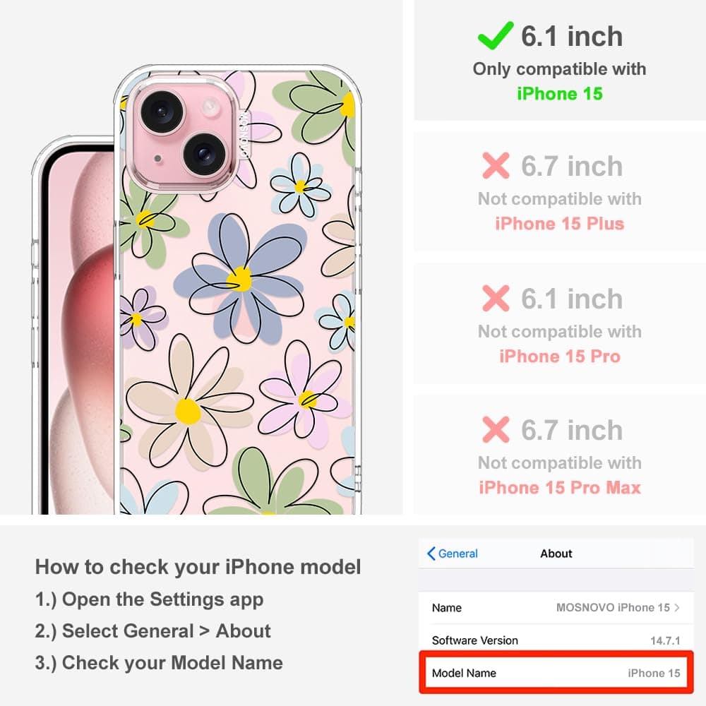 MOSNOVO Case for iPhone 15, [Buffertech 6.6ft Military-Grade Drop Protection] [Anti Peel Off Tech] Clear TPU Bumper Phone Case Cover Design - Linear Blooms — view 2