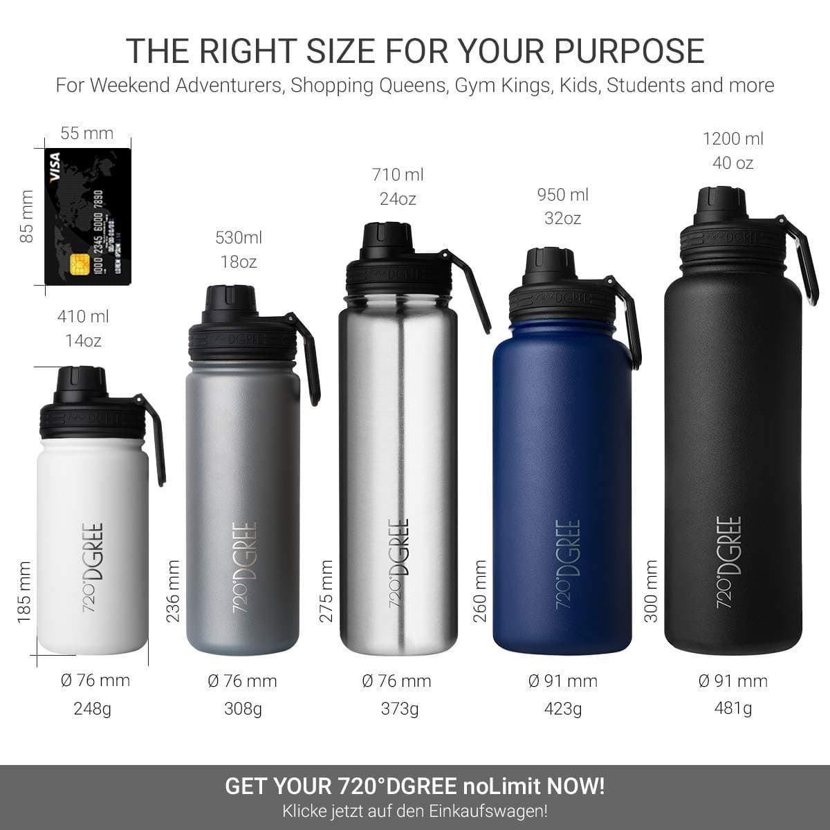 720°DGREE Vaccum Insulated Water Bottle “noLimit“ - 410ml, 530ml, 710ml, 950ml, 1200ml - Leakproof, BPA-Free, Thermo Stainless Steel Flask - Sports, Gym, School, Travel, Carbonated Drinks +Sports-Cap — view 4