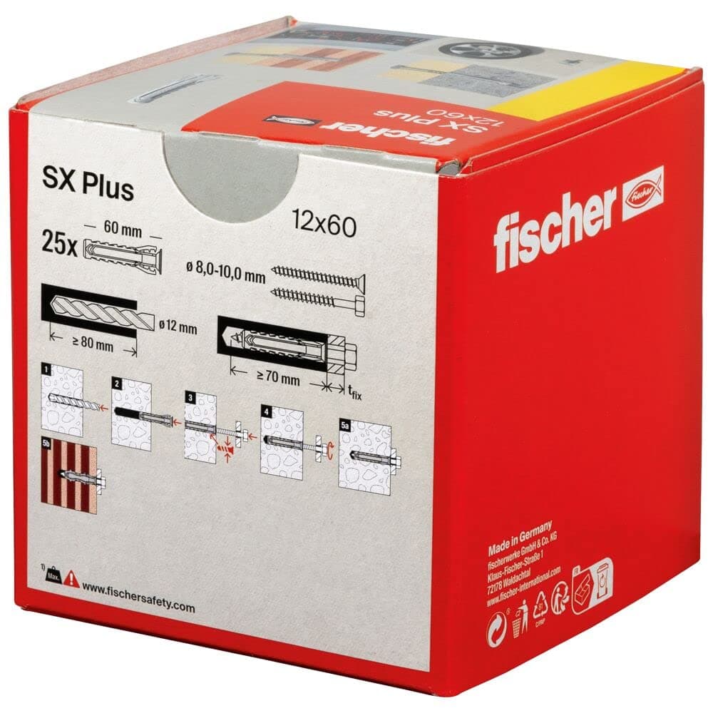 fischer 568012 - Taco de expansión SX Plus 12x60 mm, caja con 25 anclajes de nylon, anclajes para una sujeción óptima al fijar en hormigón, ladrillo macizo, ladrillo (Caja 25 unidades) — view 3
