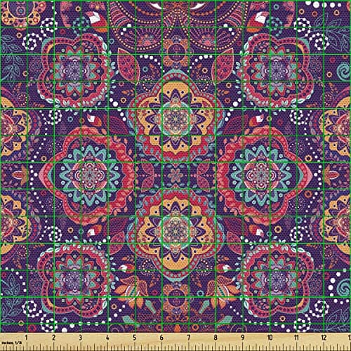 Lunarable Batik Fabric by The Yard, Eastern Droplet-Shaped Paisley Inspired Traditional Forms Vivid Colors Image, Decorative Fabric for Upholstery and Home Accents, 1 Yard, Purple Pink