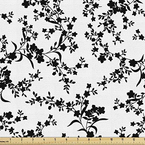 Ambesonne Floral Fabric by The Yard, Victorian Style Curved Flower Baroque Blooms Branches Vintage Motif, Decorative Fabric for Upholstery and Home Accents, 1 Yard, Black and White