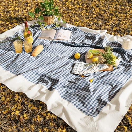 MONDAY MOOSE Gingham Checkered Farmhouse Rustic Picnic Style Decoration Rectangle Natural Stonewashed Cotton Tablecloth for Kitchen, Dining Room, Restaurant (55x70 inch, Blue/White) — view 6