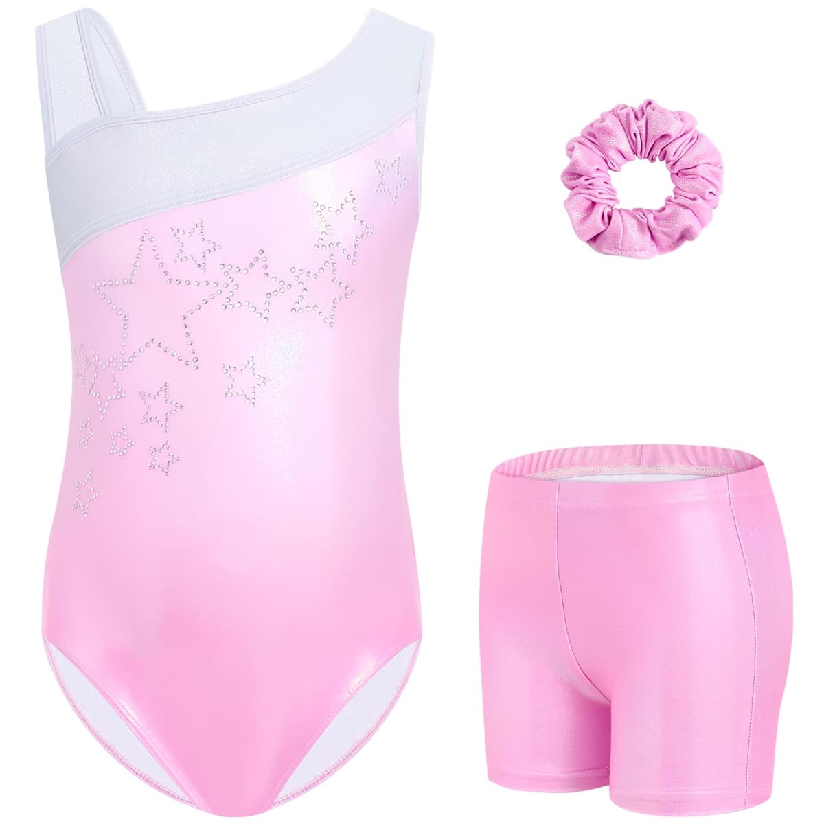 Gogokids Conjunto de gimnasia de tres piezas para niña, cuello en Y, sin mangas, con pantalones cortos y diadema, traje de gimnasia con diseño de bloques de color azul y morado, 3-12 años — view 35