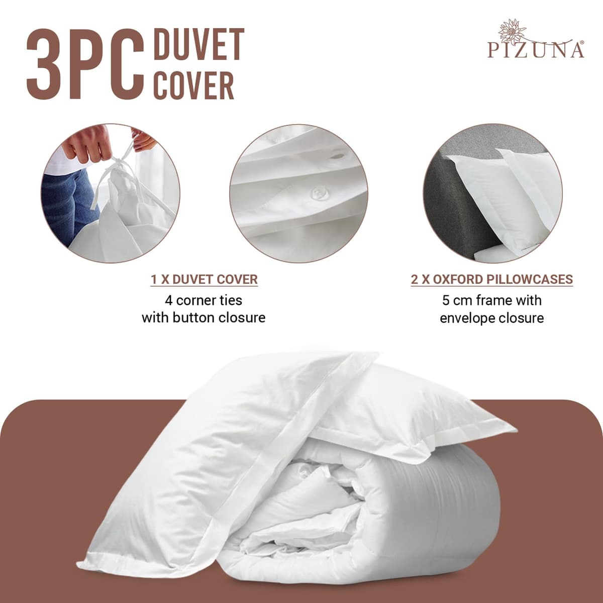 Pizuna 100% Cotton King Size Duvet Cover Sets White, 400 Thread Count Long Staple Cotton King Duvet Cover 230x220cm, Sateen Weave Quilt Cover with Button Closure (Kingsize Duvet Cover Sets) — view 3