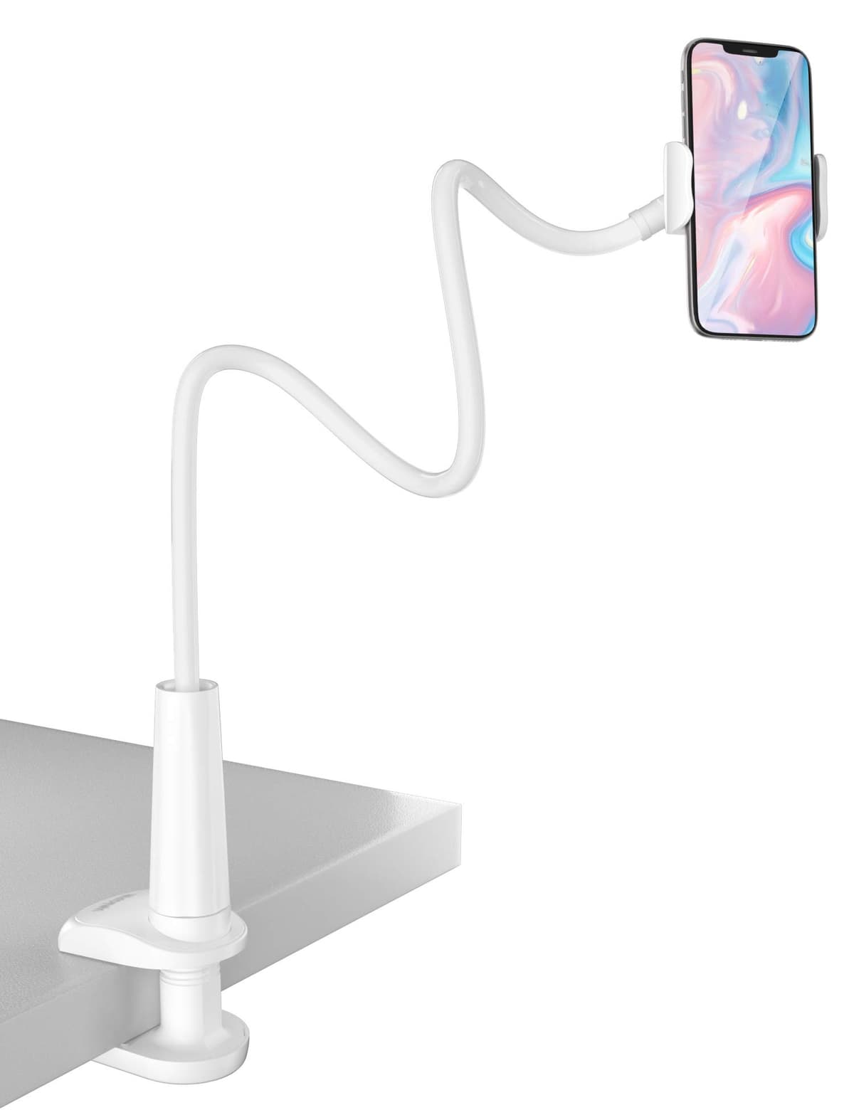 TRYONE Gooseneck Phone Holder Stand for Bed Flexible Arm Adjustable Cell Phones Mount Clamp on Desk Bedframe Compatible with iPhone 14 Pro Max 13 12 11 X SE Series/Samsung S22 or Other 4"-7" Devices — view 8