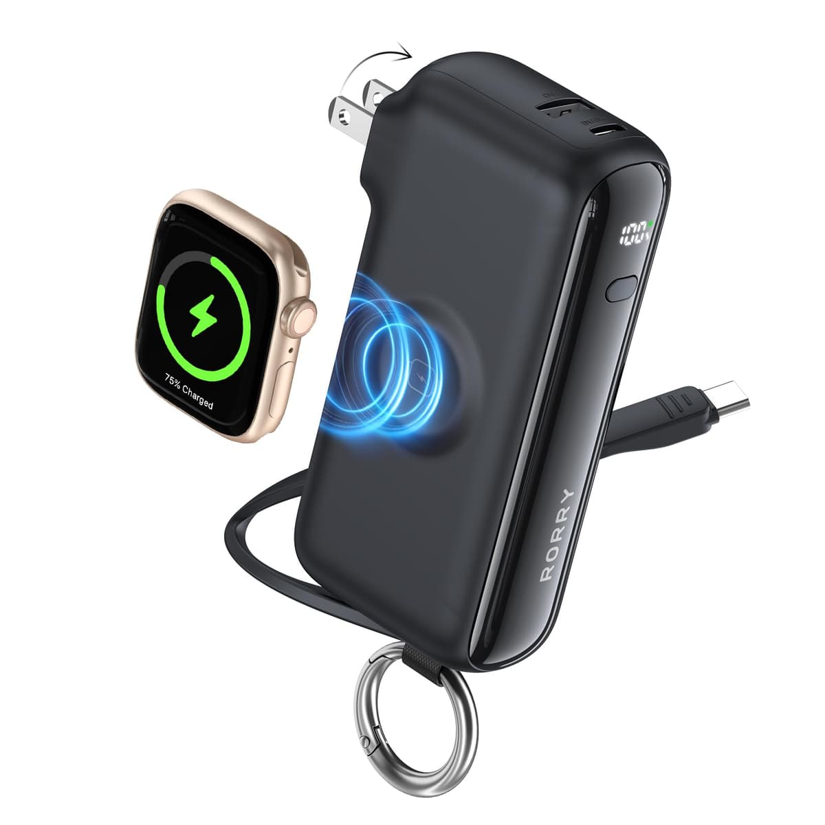 RORRY Flow Portable Charger, 10000mAh 40W Fast Charging Power Bank with Built-in USB C Cable and Foldable Wall Plug, Battery Pack Travel Essentials for iPhone 17/16/15, Apple Watch, iPad, MacBook — view 9