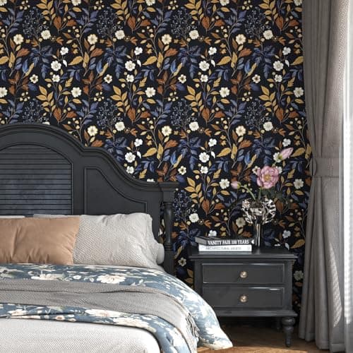 BOKEBEVE Floral Wallpaper Peel and Stick Vintage Blue Gold 17.5 x 393.5In — view 4