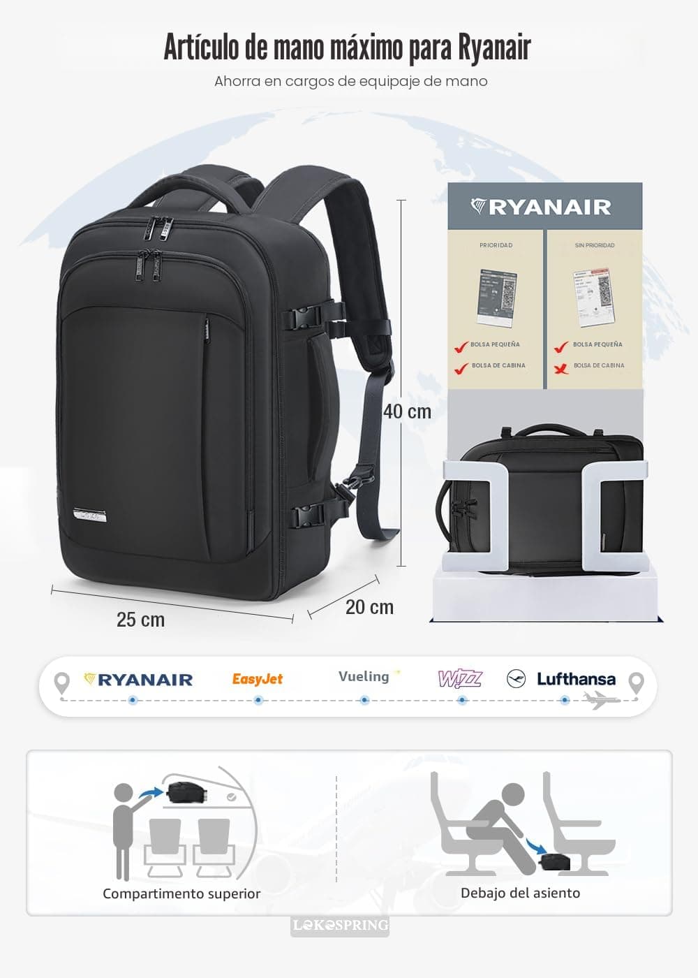 Lekespring Mochila de Viaje para Cabina de Avión 40x20x25 (20L), con Compartimento Húmedo y 6 Bolsas Organizadoras - Negocios y Escuela - Negro — view 3