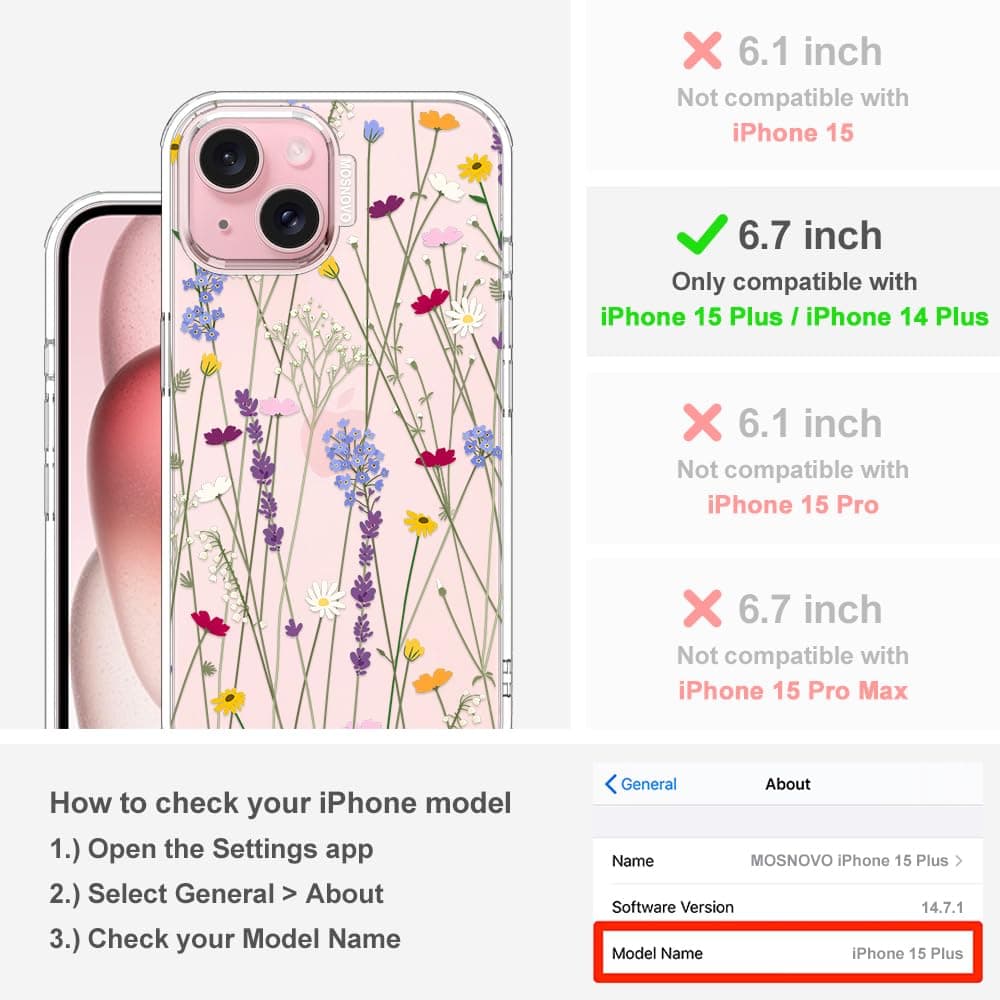 MOSNOVO Case for iPhone 15 Plus / 14 Plus [Buffertech 6.6ft Military-Grade Drop Protection] [Anti Peel Off Tech] Clear TPU Bumper Phone Case Cover Design - Floral Garden — view 2
