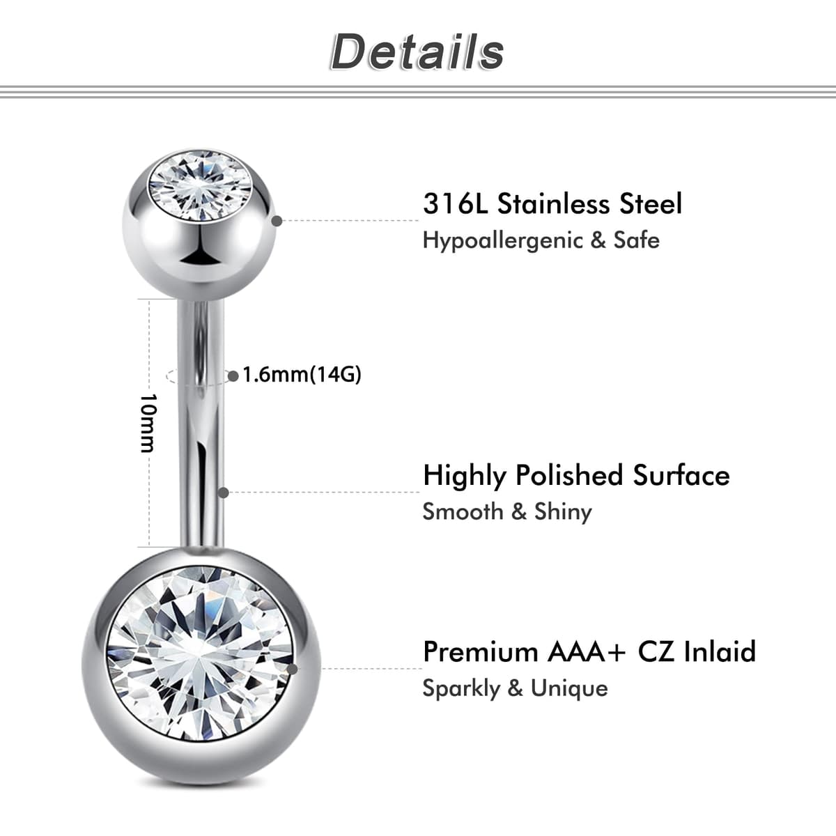 Crdifu Pack of 5 Stainless Steel Belly Button Ring Set 14 Gauge 10mm Barbell Navel Bars Piercing Jewellery — view 2
