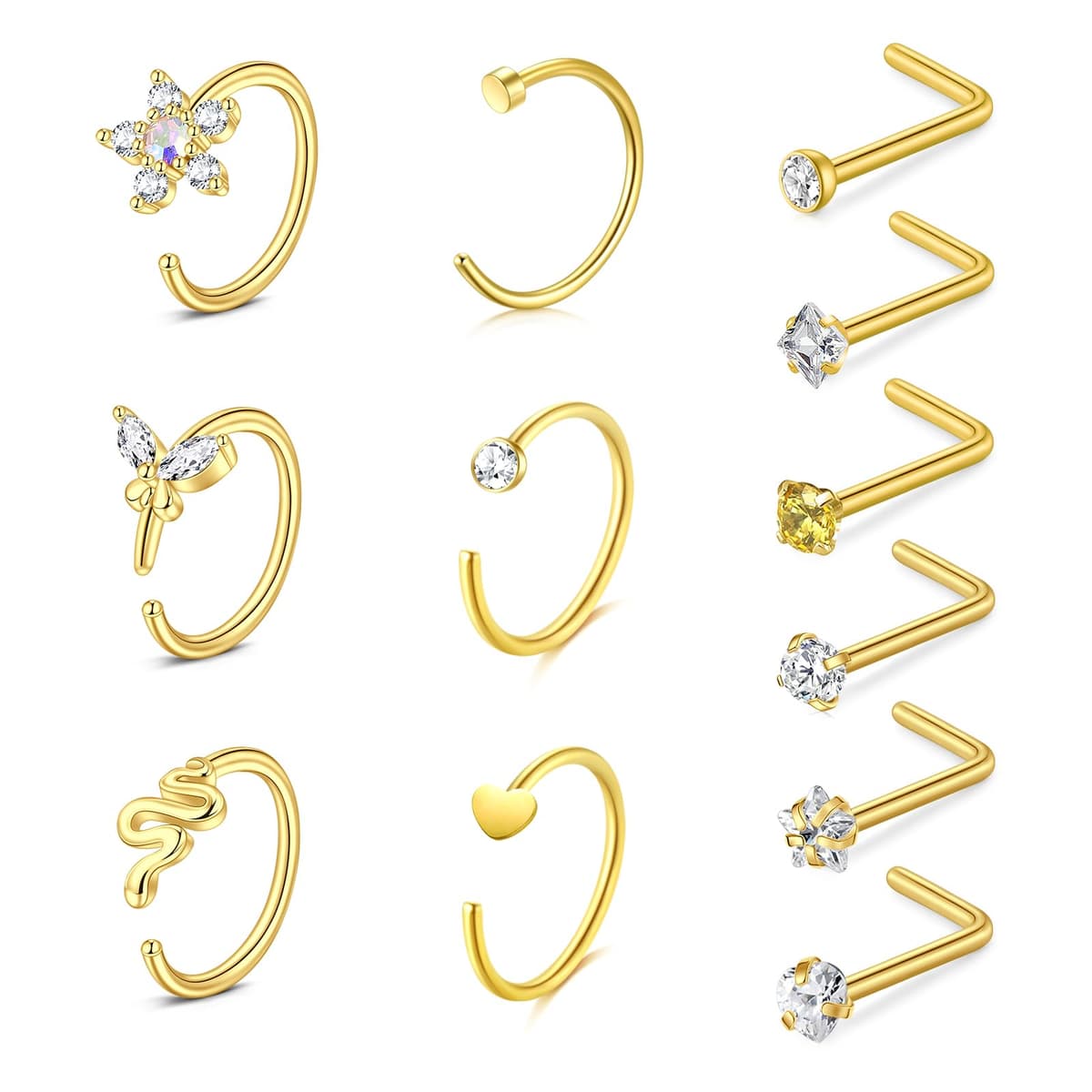 WillTen 20G Nose Studs L Shape Women Nose Studs Colorful Diamond CZ Silver Stainless Steel Heart Start Piercing Jewelry — view 15