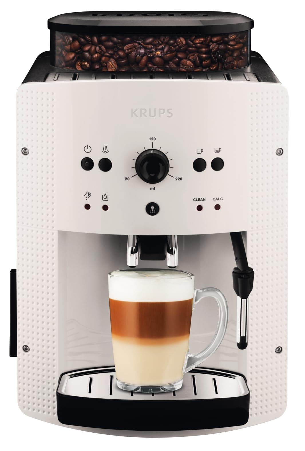 Krups Roma, Cafetera superautomática, Depósito de agua 1,6 L, 3 niveles de temperatura, 3 niveles de intensidad, 15 bares, Molinillo cónico de metal, Panel de control fácil, Blanca, EA8105