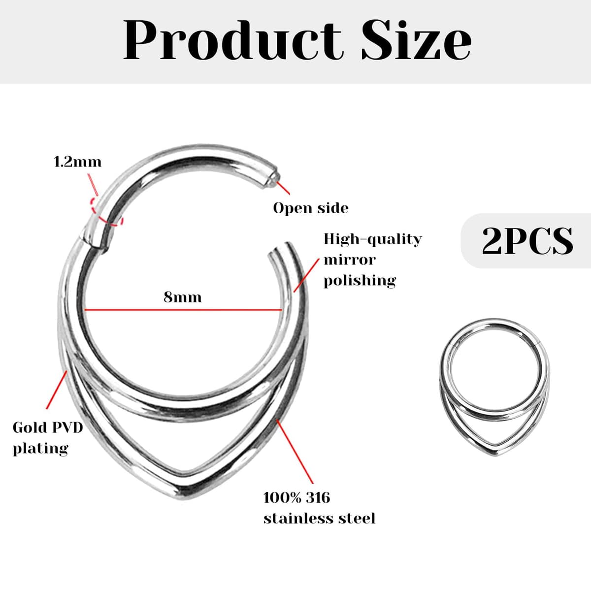 LunarCharm Set of 2 Stacked Septum Rings, 16G Hoops, 316L Stainless Steel, 12mm Hinged Septum Clicker, Nose Ring Piercing, Body Piercing Lip Rings — view 2
