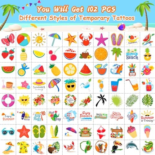 JCFIRE Summer Pool Beach Party Favors Kids Tattoos, 102 Styles Larger Tropical Hawaiian Luau Themed Temporary Tattoos for Kids Teens Adult, Waterproof Summer Stickers Party Decorations Supplies — view 2