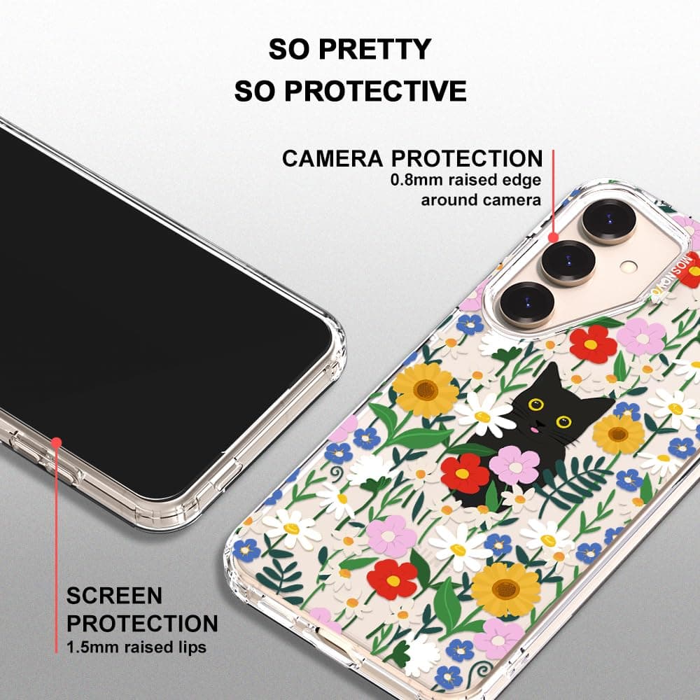 MOSNOVO Case for Samsung Galaxy S25 / Galaxy S24, [Buffertech 6.6ft Military-Grade Drop Protection] [Anti Peel Off Tech] Clear TPU Bumper Phone Case Cover Design - Black Cat in Garden — view 4