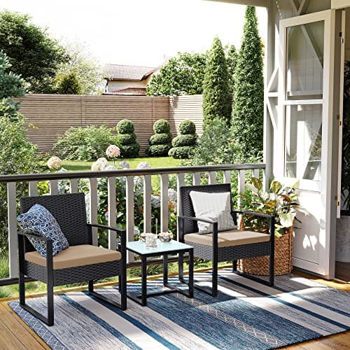 SONGMICS 3-Piece Patio Set Outdoor Patio Garden Furniture Sets, PE Rattan, Outdoor Seating for Bistro Front Porch Balcony, Easy to Assemble, 2 Chairs and 1 Table, Black and Beige UGGF010WZ05 — view 7