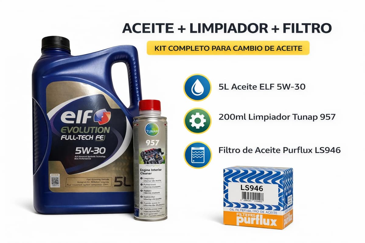 Pack de Mantenimiento Profesional: Aceite ELF Evolution Full-Tech FE 5W-30 (5L) + Limpiador Tunap 957 (200ml) + Filtro de Aceite Purflux LS946 - Compatible con Renault RN0720, Dacia y Nissan — view 3